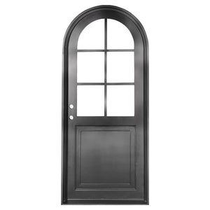 Single entryway door with a 6-pane window and a full arch. Door is thermally broken to protect from extreme weather.