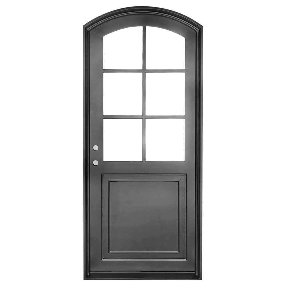 Single entryway door with a 6-pane window and a slight arch. Door is thermally broken to protect from extreme weather.