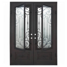 Load image into Gallery viewer, Double entryway doors made with a thick steel and iron frame with two paned windows behind an intricate iron pattern. Doors are thermally broken to protect from extreme weather.
