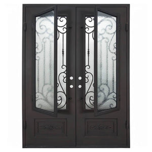 Double entryway doors made with a thick steel and iron frame with two paned windows behind an intricate iron pattern. Doors are thermally broken to protect from extreme weather.