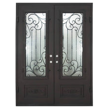 Load image into Gallery viewer, Double entryway doors made with a thick steel and iron frame with two paned windows behind an intricate iron pattern. Doors are thermally broken to protect from extreme weather.