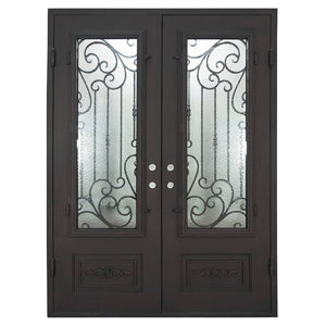 Double entryway doors made with a thick steel and iron frame with two paned windows behind an intricate iron pattern. Doors are thermally broken to protect from extreme weather.