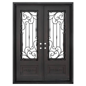 Double entryway doors made with a thick steel and iron frame with two paned windows behind an intricate iron pattern. Doors are thermally broken to protect from extreme weather.