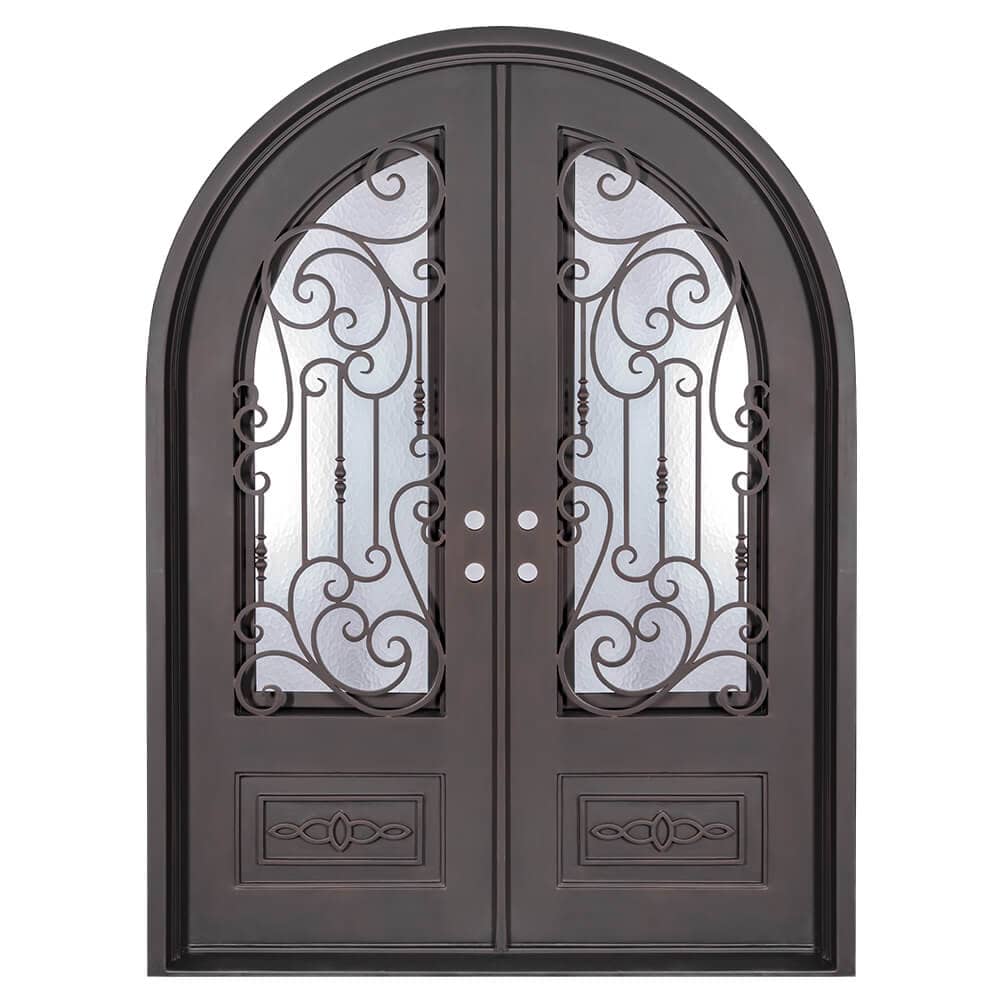 Double entryway doors made with a thick steel and iron frame, two paned windows behind an intricate iron pattern, and a full arch. Doors are thermally broken to protect from extreme weather.