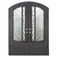 Load image into Gallery viewer, Double entryway doors made with a thick steel and iron frame, two paned windows behind an intricate iron pattern and a slight arch. Doors are thermally broken to protect from extreme weather.