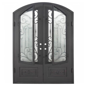 Double entryway doors made with a thick steel and iron frame, two paned windows behind an intricate iron pattern and a slight arch. Doors are thermally broken to protect from extreme weather.