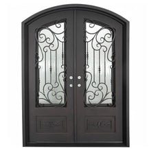 Load image into Gallery viewer, Double entryway doors made with a thick steel and iron frame, two paned windows behind an intricate iron pattern and a slight arch. Doors are thermally broken to protect from extreme weather.