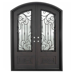 Double entryway doors made with a thick steel and iron frame, two paned windows behind an intricate iron pattern and a slight arch. Doors are thermally broken to protect from extreme weather.