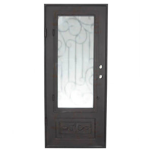 Single entryway door with a thick iron frame and a panel of glass behind an intricate iron design. Door is thermally broken to protect from extreme weather.