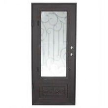 Load image into Gallery viewer, Single entryway door made with a thick steel and iron frame and a single paned window behind an intricate iron pattern. Doors are thermally broken to protect from extreme weather.