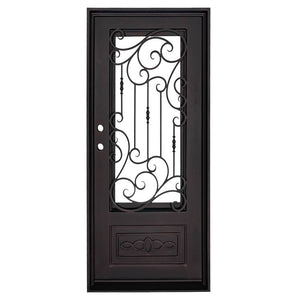 Single entryway door made with a thick steel and iron frame and a single paned window behind an intricate iron pattern. Doors are thermally broken to protect from extreme weather.