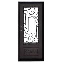 Load image into Gallery viewer, Single entryway door with a thick iron frame and a panel of glass behind an intricate iron design. Door is thermally broken to protect from extreme weather.