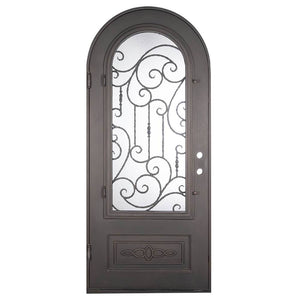 Single entryway door made with a thick steel and iron frame, a full arch, and a single paned window behind an intricate iron pattern. Doors are thermally broken to protect from extreme weather.