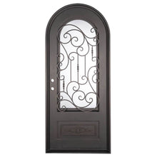 Load image into Gallery viewer, Single entryway door made with a thick steel and iron frame, a full arch, and a single paned window behind an intricate iron pattern. Doors are thermally broken to protect from extreme weather.