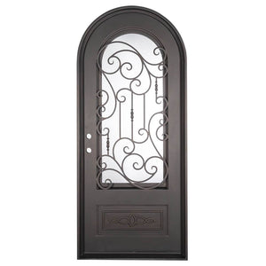 Single entryway door made with a thick steel and iron frame, a full arch, and a single paned window behind an intricate iron pattern. Doors are thermally broken to protect from extreme weather.