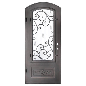 Single entryway door with a thick iron frame, a slight arch and a panel of glass behind an intricate iron design. Door is thermally broken to protect from extreme weather.