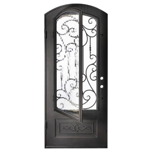Single entryway door with a thick iron frame, a slight arch and a panel of glass behind an intricate iron design. Door is thermally broken to protect from extreme weather.