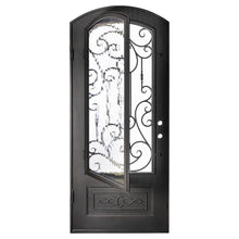 Load image into Gallery viewer, Single entryway door with a thick iron frame, a slight arch and a panel of glass behind an intricate iron design. Door is thermally broken to protect from extreme weather.