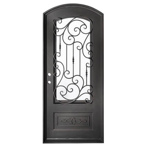 Single entryway door with a thick iron frame, a slight arch and a panel of glass behind an intricate iron design. Door is thermally broken to protect from extreme weather.