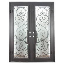 Load image into Gallery viewer, Double entryway doors made with a thick steel and iron frame with two paned windows behind an intricate iron pattern.