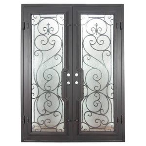 Double entryway doors made with a thick steel and iron frame with two paned windows behind an intricate iron pattern.