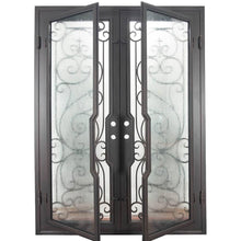 Load image into Gallery viewer, Double entryway doors made with a thick steel and iron frame with two paned windows behind an intricate iron pattern.