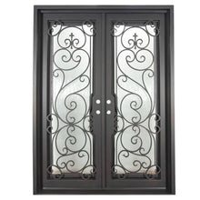 Load image into Gallery viewer, Double entryway doors made with a thick steel and iron frame with two paned windows behind an intricate iron pattern.