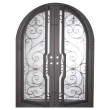 Load image into Gallery viewer, Double entryway doors made with a thick steel and iron frame with two paned windows behind an intricate iron pattern.