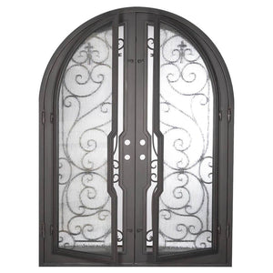 Double entryway doors with a glass panel behind intricate iron detailing. Doors are made of iron and steel and are thermally broken to protect from extreme weather.