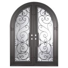 Load image into Gallery viewer, Double entryway doors made with a thick steel and iron frame with two paned windows behind an intricate iron pattern.