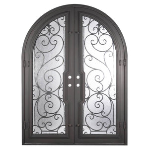 Double entryway doors made with a thick steel and iron frame with two paned windows behind an intricate iron pattern.