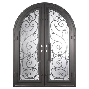 Double entryway doors with a glass panel behind intricate iron detailing. Doors are made of iron and steel and are thermally broken to protect from extreme weather.