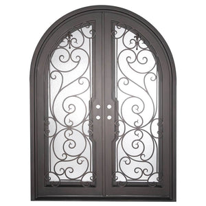 Double entryway doors made with a thick steel and iron frame with two paned windows behind an intricate iron pattern.