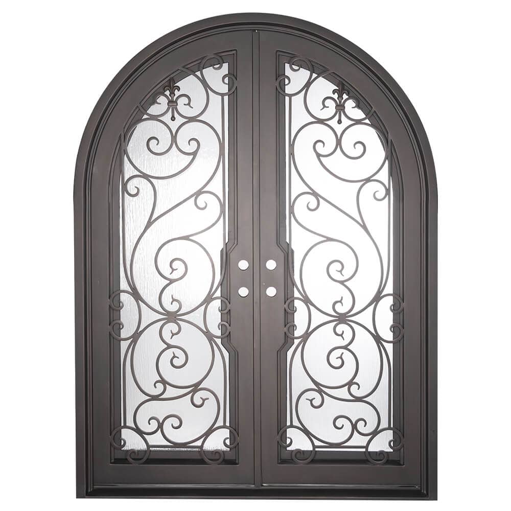 Double entryway doors made with a thick steel and iron frame, two paned windows behind an intricate iron pattern, and a full arch. Doors are thermally broken to protect from extreme weather.