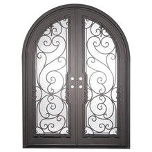 Load image into Gallery viewer, Double entryway doors made with a thick steel and iron frame, two paned windows behind an intricate iron pattern, and a full arch. Doors are thermally broken to protect from extreme weather.