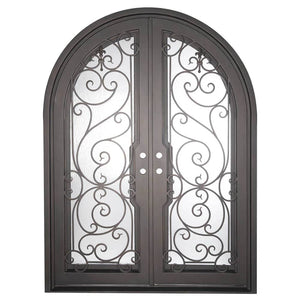 Double entryway doors with a glass panel behind intricate iron detailing. Doors are made of iron and steel and are thermally broken to protect from extreme weather.