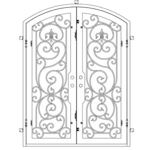 Double entryway doors featuring a full pane of glass behind an intricate iron pattern on each door and a slight arch at the top. Doors are thermally broken to protect from extreme weather.