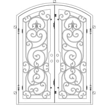 Load image into Gallery viewer, Double entryway doors made with a thick steel and iron frame with two paned windows behind an intricate iron pattern.