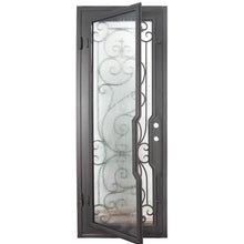 Load image into Gallery viewer, Single entryway door with a thick iron frame and a panel of glass behind an intricate iron design.