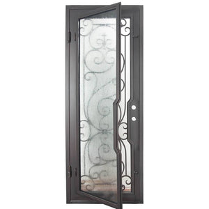 Single entryway door with a thick iron frame and a panel of glass behind an intricate iron design.