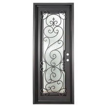 Load image into Gallery viewer, Single entryway door with a thick iron frame and a panel of glass behind an intricate iron design.