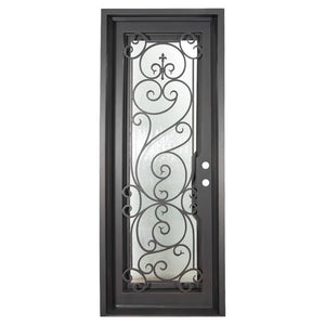 Single entryway door with a thick iron frame and a panel of glass behind an intricate iron design.