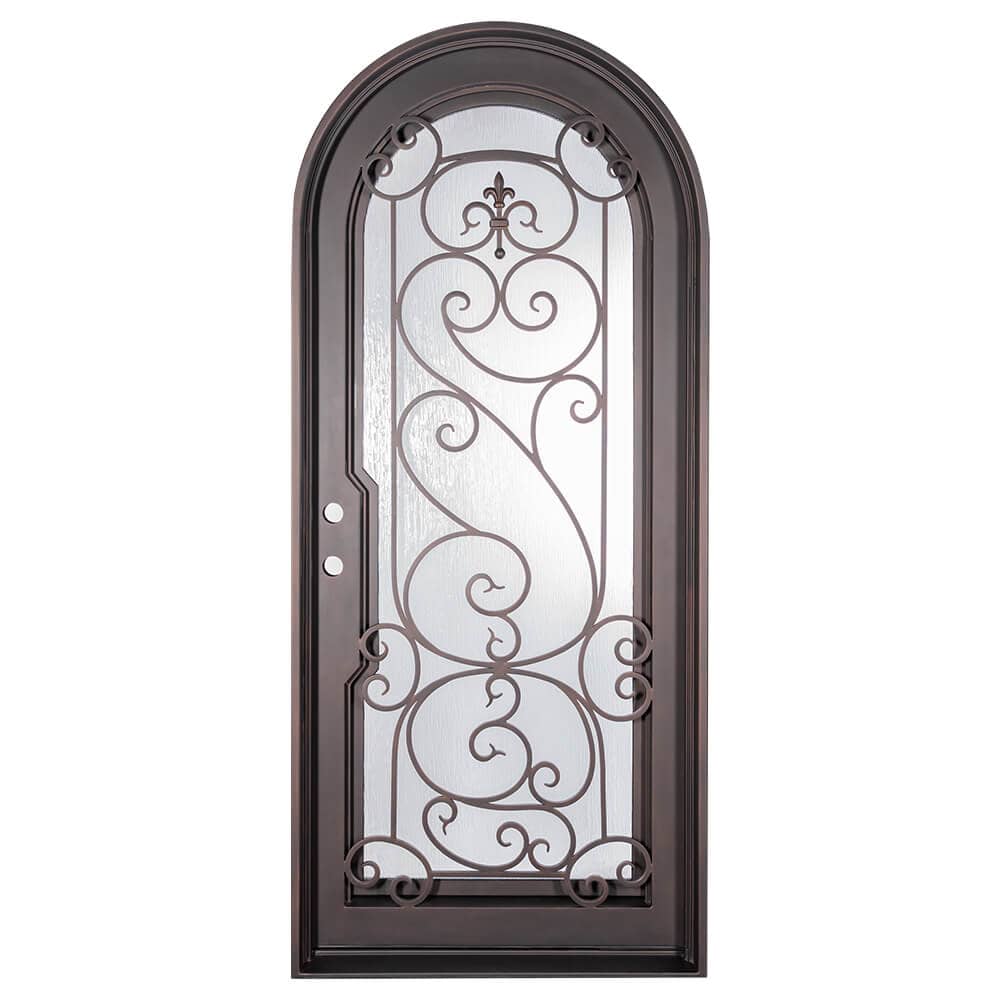 Single entryway door with a full length pane of glass behind intricate iron detailing and a thick iron frame. Door is thermally broken to protect from extreme weather.