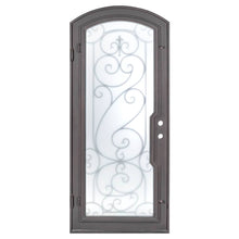 Load image into Gallery viewer, Single entryway door made from iron with a full panel of glass behind intricate iron detailing. Door is thermally broken to protect from extreme weather.