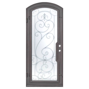 Single entryway door with a thick iron frame and a panel of glass behind an intricate iron design.