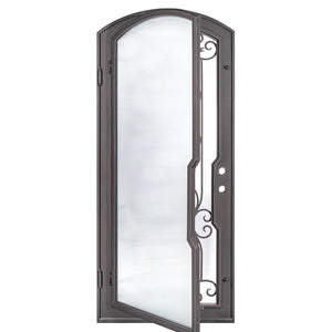 Single entryway door with a thick iron frame and a panel of glass behind an intricate iron design.