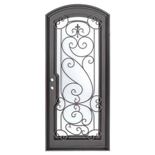 Load image into Gallery viewer, Single entryway door with a full length pane of glass behind intricate iron detailing. Door is thermally broken to protect from extreme weather.
