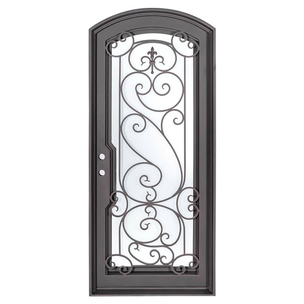 Single entryway door made from iron with a full panel of glass behind intricate iron detailing. Door is thermally broken to protect from extreme weather.