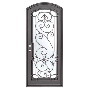 Single entryway door made from iron with a full panel of glass behind intricate iron detailing. Door is thermally broken to protect from extreme weather.