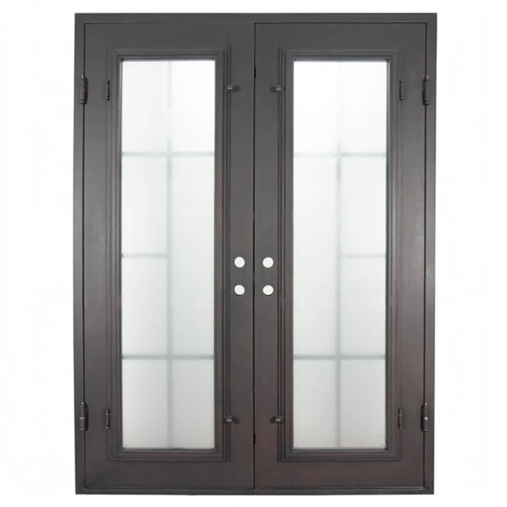 Hollywood black wrought iron double flat top door with tempered glass.